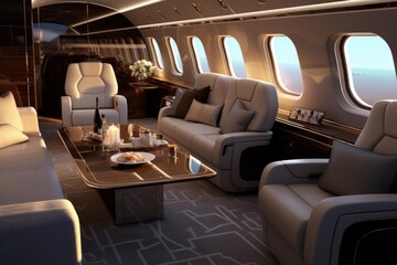 Fototapeta premium Lavish private jet cabin with luxurious furnishings, creating a comfortable travel experience