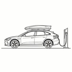 Obraz premium Electric vehicle charging at a public station with a roof cargo box, symbolizing sustainable travel and eco-friendly transportation for future road trips, line art illustration.