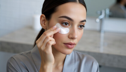 Woman applying a white hydrogel eye patch under her eye. Skincare routine and beauty treatment for under-eye care. Young female in a grey robe using a cosmetic mask in a bathroom