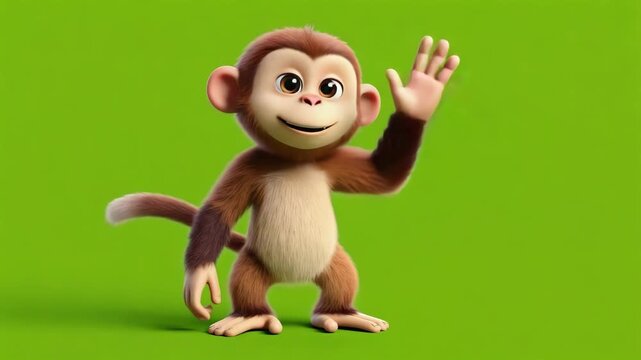 Animated cartoon monkey waving hand cheerful friendly character green background 3 D rendering