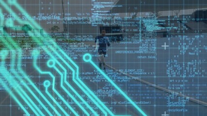 Animation of data on digital screen over african american disabled man with running blade - Powered by Adobe