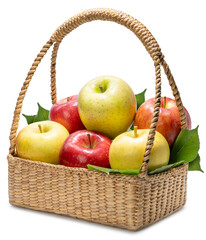 Six premium Japanese apples displayed in Basket isolate on white with clipping path  featuring fresh organic fruit with vibrant colors, natural light,shallow depth of field for healthy food concepts.