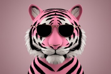 Pink tiger illustration wearing sunglasses with a playful expression against a pastel background