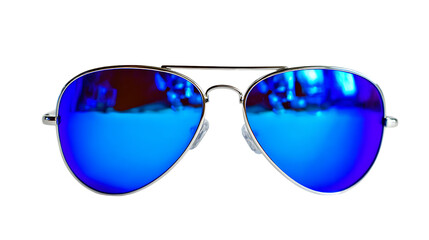 Blue aviator sunglasses with silver frame and reflective lenses isolated on transparent background