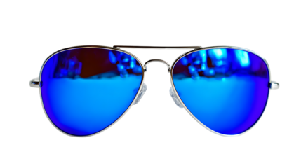 Blue aviator sunglasses with silver frame and reflective lenses isolated on transparent background