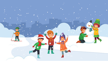 Fototapeta premium Cheerful winter illustration of children playing in snow, building a snowman, skiing, and skating in a snowy park with city skyline. Cute cartoon kids enjoying winter activities and holiday fun during