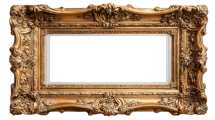Antique carved gilded rectangle frame, isolated on transparent background, detailed vintage design, clean edges, perfect PNG for photo overlays and decorative compositions