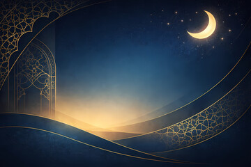 Islamic themed crescent moon and stars in the night sky.