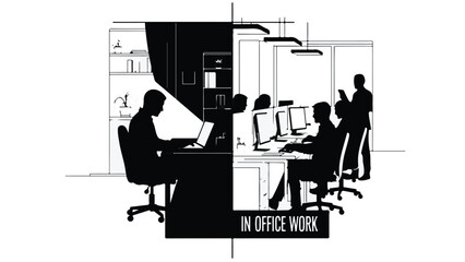Office workers sitting at desks in modern corporate office space with computers and coworkers in background, professional business workplace scene