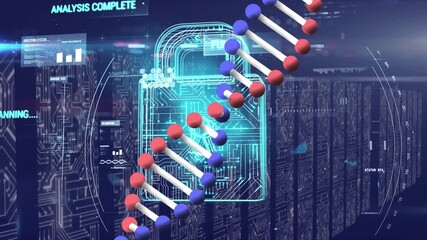 Animation of dna rotating over digital padlock and servers with motherboard and dna in navy space - Powered by Adobe