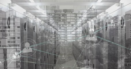 Animation of statistics and data processing over cityscape and computer servers - Powered by Adobe