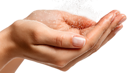 Elegant female hands with one palm raised and the other gently sprinkling, isolated on transparent backgrounded