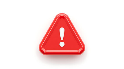 A clean, minimalist 3D warning icon features a red triangular alert sign with rounded corners and smooth beveled edges, a bold white exclamation mark at its center, soft lighting.