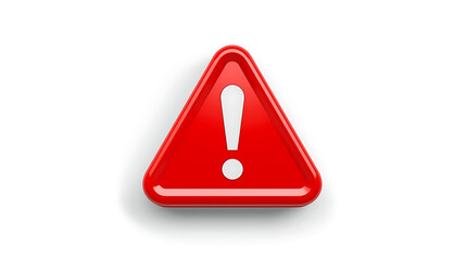 A clean, minimalist 3D warning icon features a red triangular alert sign with rounded corners and smooth beveled edges, a bold white exclamation mark at its center, soft lighting.