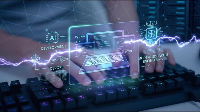 AI development laptop coding interface overlay showing programmer hands typing mechanical keyboard with code snippets and software engineering icons modern software development engineering workflow