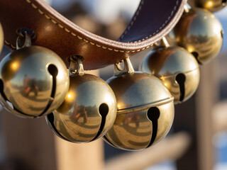Brass cowbells hanging on a leather strap in natural light  