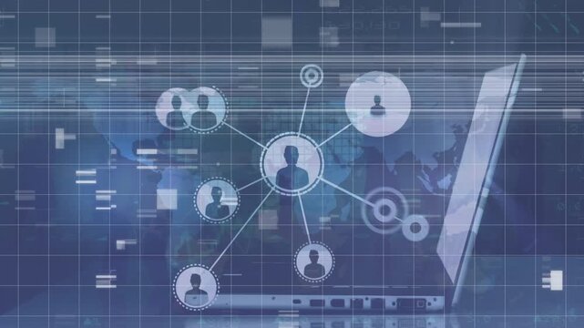 Animation of network of profile icons and mosaic squares against person using laptop and world map