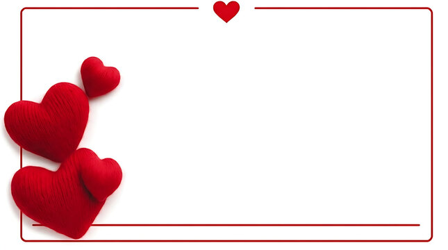 Red felt texture heart border frame with soft hearts decoration on bottom left corner white background copy space for valentine message board or romantic photo frame.

