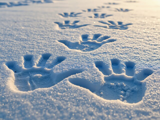 Handprints in snow creating a playful trail during winter  
