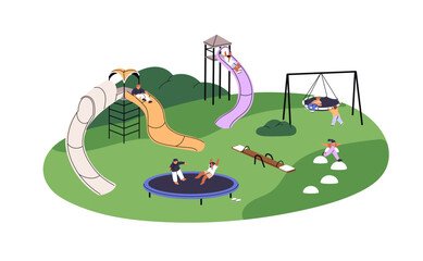 Fototapeta premium Kids play on playground in kindergarten. Children ride on slide, rope swing, jumping on trampoline in the park. Little girls and boys have fun outdoors. Flat isolated vector illustration on white