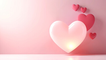 Abstract Love Concept with Glowing 3D Hearts and Empty Wall Space