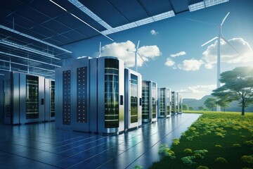 Server racks integrating with solar panels and wind turbines in an outdoor setting