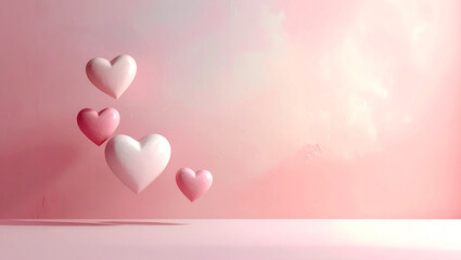 Hearts Floating in Pink Studio Background with Copy Space