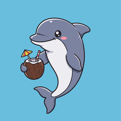 Cute cartoon sea animals like fish dolphin and shark swimming happily underwater