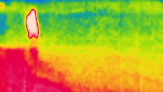 A man walking along the road from afar. Image from thermal imager device.