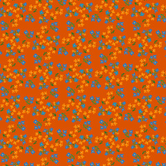 Bright summer floral pattern Small, colorful stylized flowers on an orange background A simple, decorative floral print