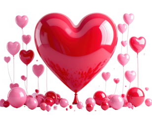 Giant 3D red heart balloon surrounded by smaller pink ones,white background