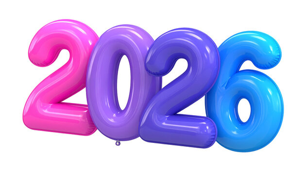 Colorful inflated numbers forming 2026 against a black background - Powered by Adobe