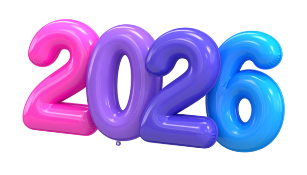 Colorful inflated numbers forming 2026 against a black background - Powered by Adobe