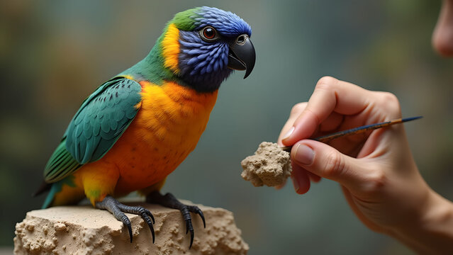 Colorful Rainbow Lorikeet being fed by hand - Powered by Adobe