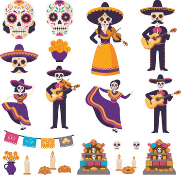 Day of the Dead Dia de los Muertos Vector Set with Mariachi Skeletons and Sugar Skulls