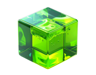 A translucent, vibrant green cube filled with liquid and bubbles