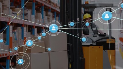 Animation of network of connections over man working in warehouse