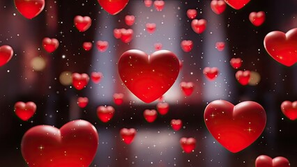 Romantic red hearts floating in dark space with sparkles
