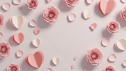 Romantic pink hearts and roses on light background for Valentine's Day