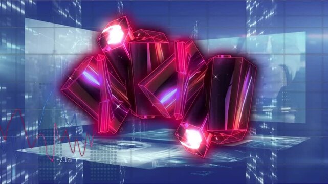 Animation of glowing blocks with icons over and moving shapes