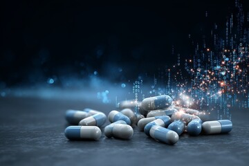 Abstract composition of blue and white capsules dissolving into a digital stream of binary code and glowing particles representing pharmaceutical data and smart medicine technology