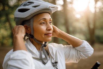 Active hispanic senior woman with gray hair adjusting her white bike helmet before a ride in a sunny forest representing healthy aging and outdoor lifestyle for retirees