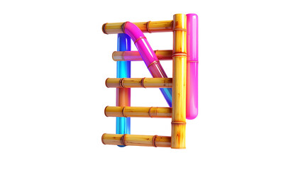 Colorful bamboo and neon tubes create an abstract, illuminated structure