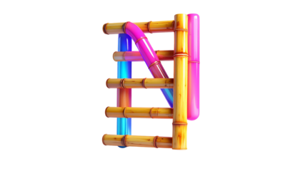Colorful bamboo and neon tubes create an abstract, illuminated structure