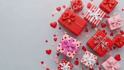 Valentine's Day gifts and hearts on gray background