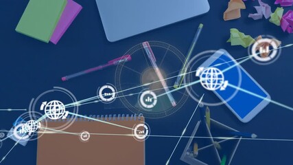 Network of digital icons on network of profile icons on arrows on black background - Powered by Adobe