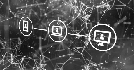 Animation of network of connections with icons over purple background - Powered by Adobe