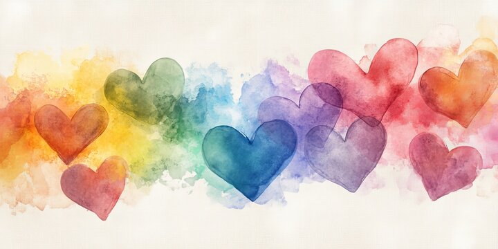 Artistic rainbow heart border with colorful transparent watercolor hearts and soft paint splashes on a light textured background perfect for valentines day greeting cards and romantic banners