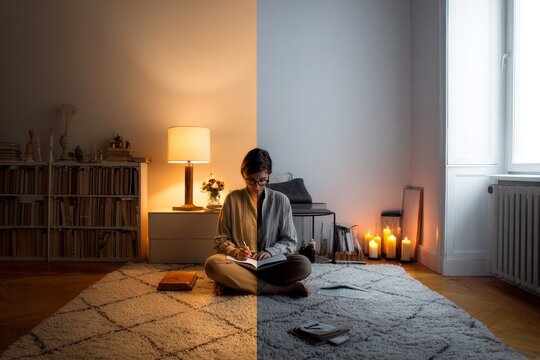 Cozy room divided by warm topaz light and cool shadows, featuring a person writing on the floor, illustrating the contrast of emotions in bipolar disorder