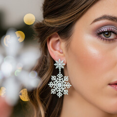 Young woman wearing snowflake earrings with festive holiday background  